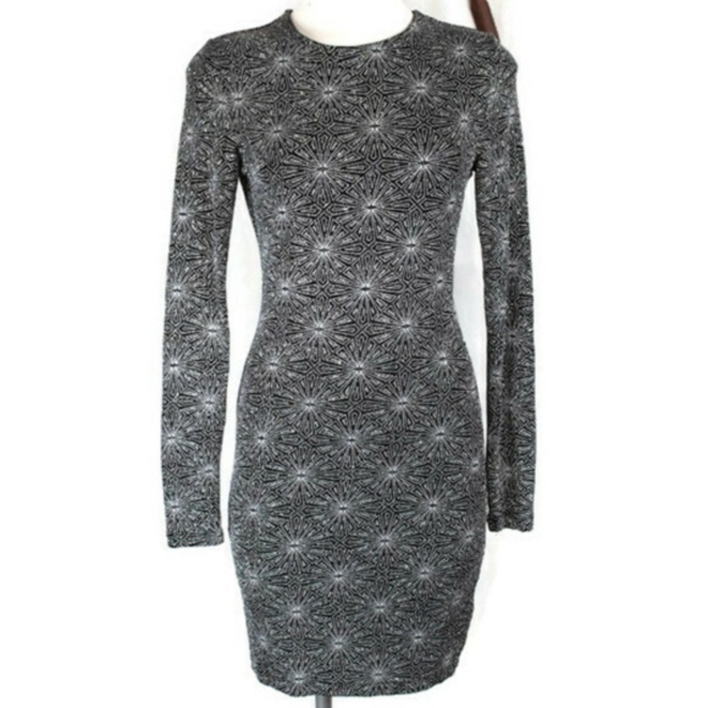 Cocktail Dress Open Back Silver Sparkle LongSleeve